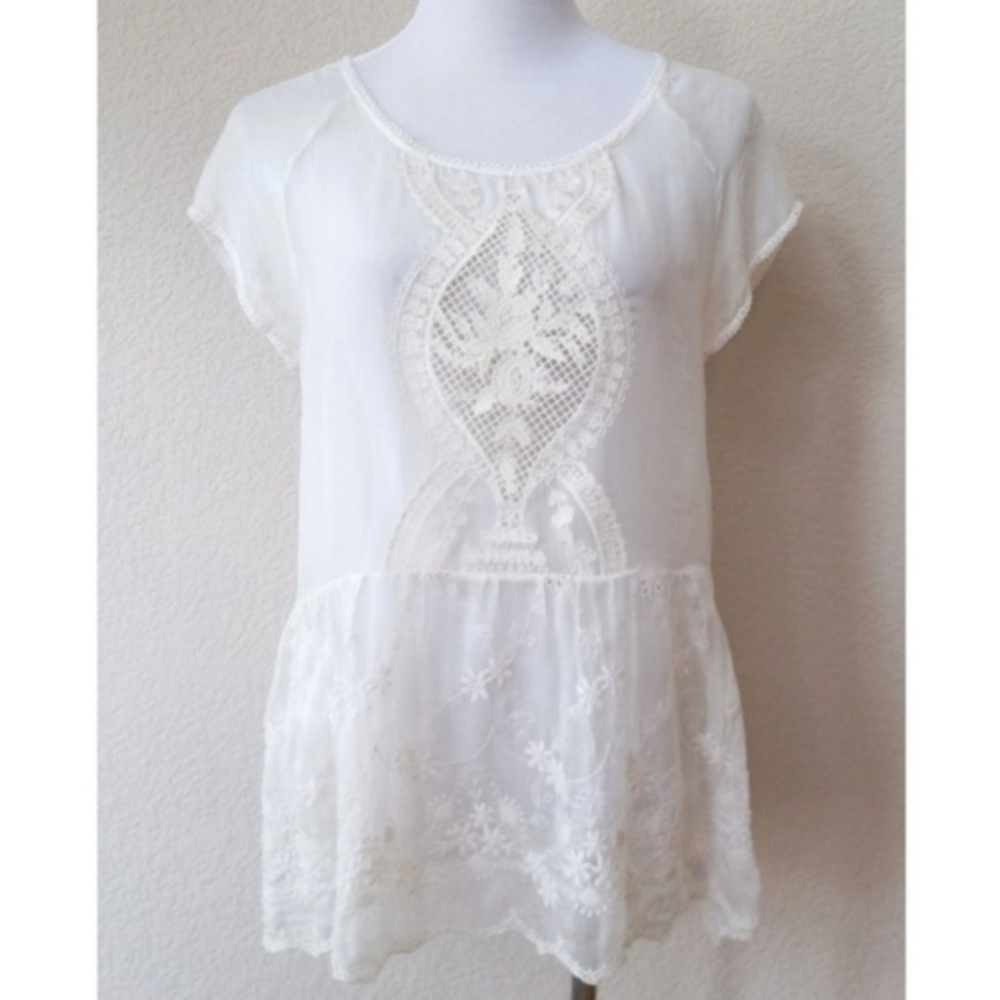 Johnny Was 4 Love and Liberty rare silk white sheer embroidered blouse top